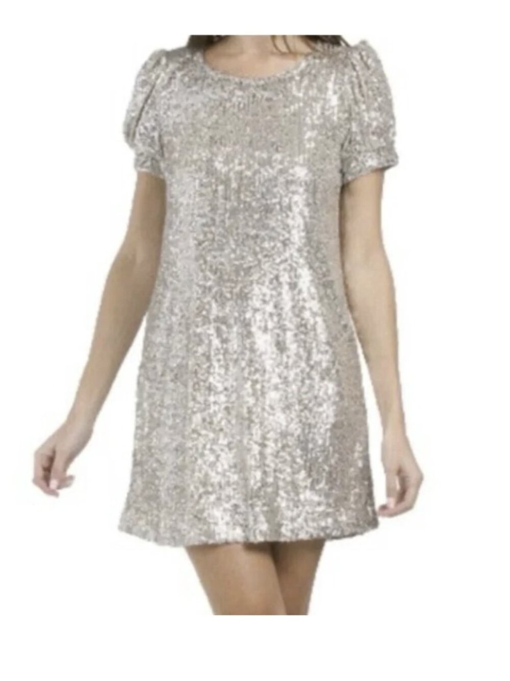 Cable & Gauge Silver Sequin Shift Mini Short-Sleeve Dress Beige Lining-Size m